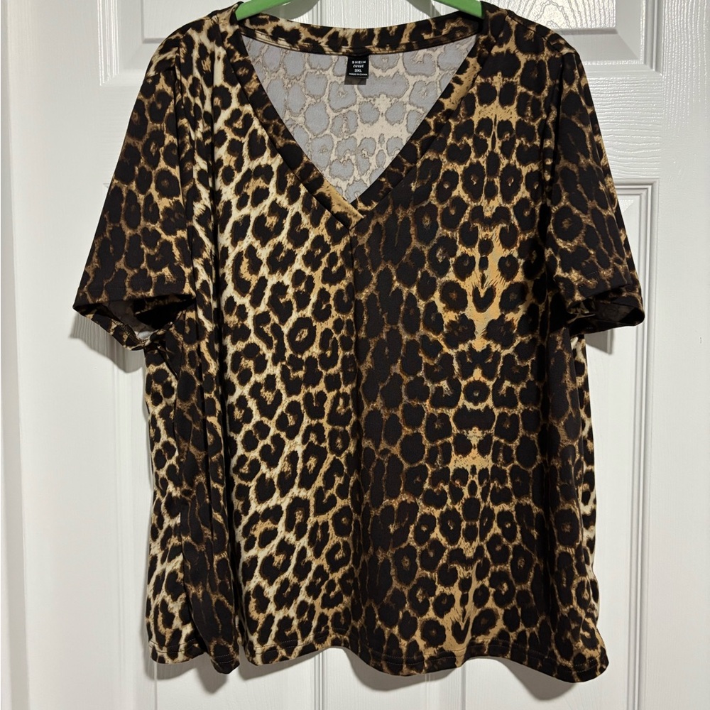 SHEIN Leopard Print V-Neck Short Sleeve Top - Brown/Black
